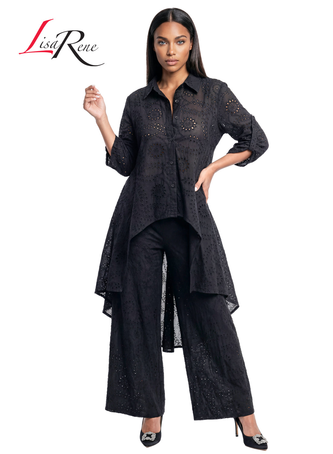 Lisa Rene' , 2Pc. Hi-Low Tunic & Pant Set, Embroidered Cotton Fabric