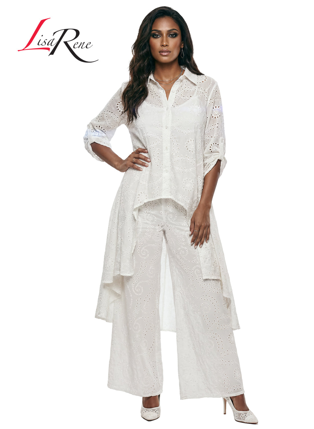 Lisa Rene' , 2Pc. Hi-Low Tunic & Pant Set, Embroidered Cotton Fabric