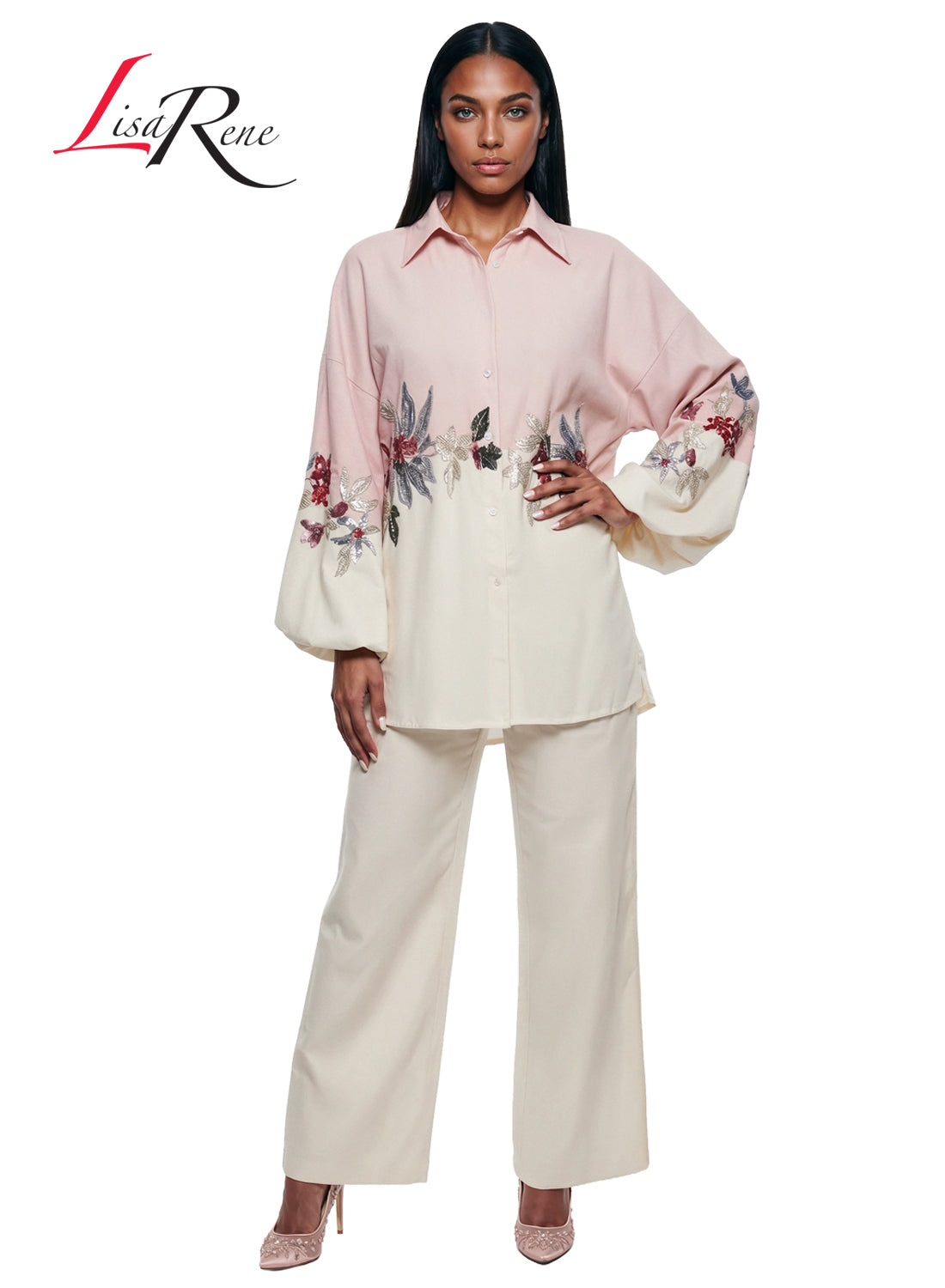 Lisa Rene' , 2Pc. Tunic & Pant Set, Linen/Viscose Fabric Trimmed with Sequin Embroidery