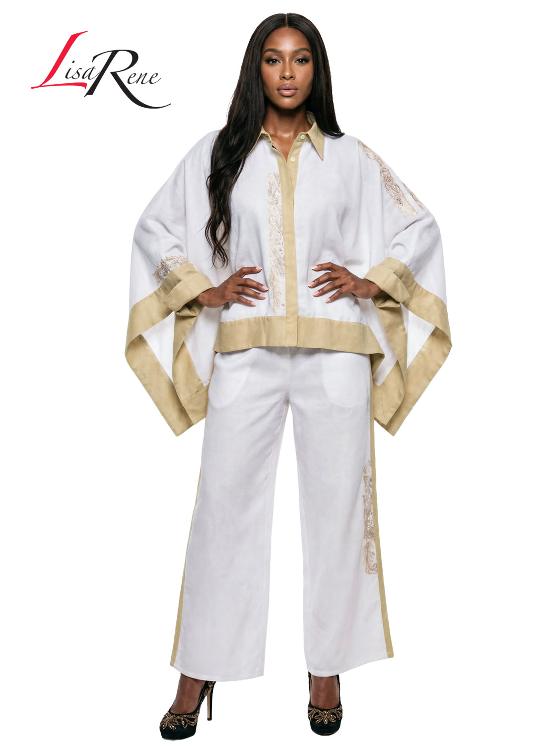 Lisa Rene' , 2Pc. Tunic & Pant Set, Linen/Viscose Fabric Embroidered on Tunic and Pant
